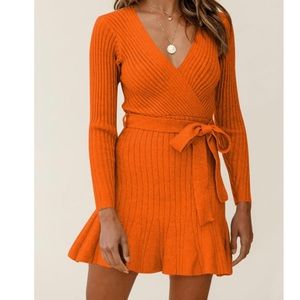 Women's  V Neck Wrap Sweater Dress Casual Long Sleeve  Ruffle Hem w Belt
